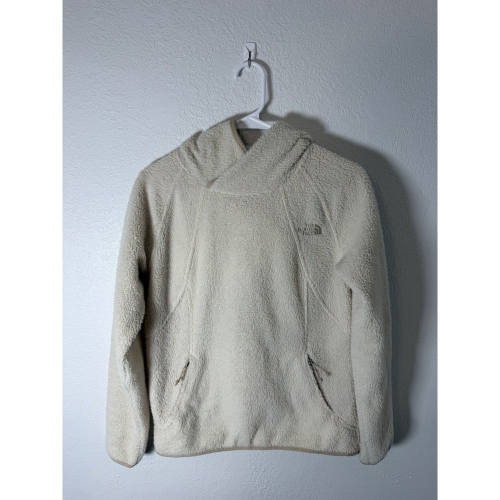 The North Face Fleece Hoodie Womens Small Cream Sherpa Pullover Logo Pocket
